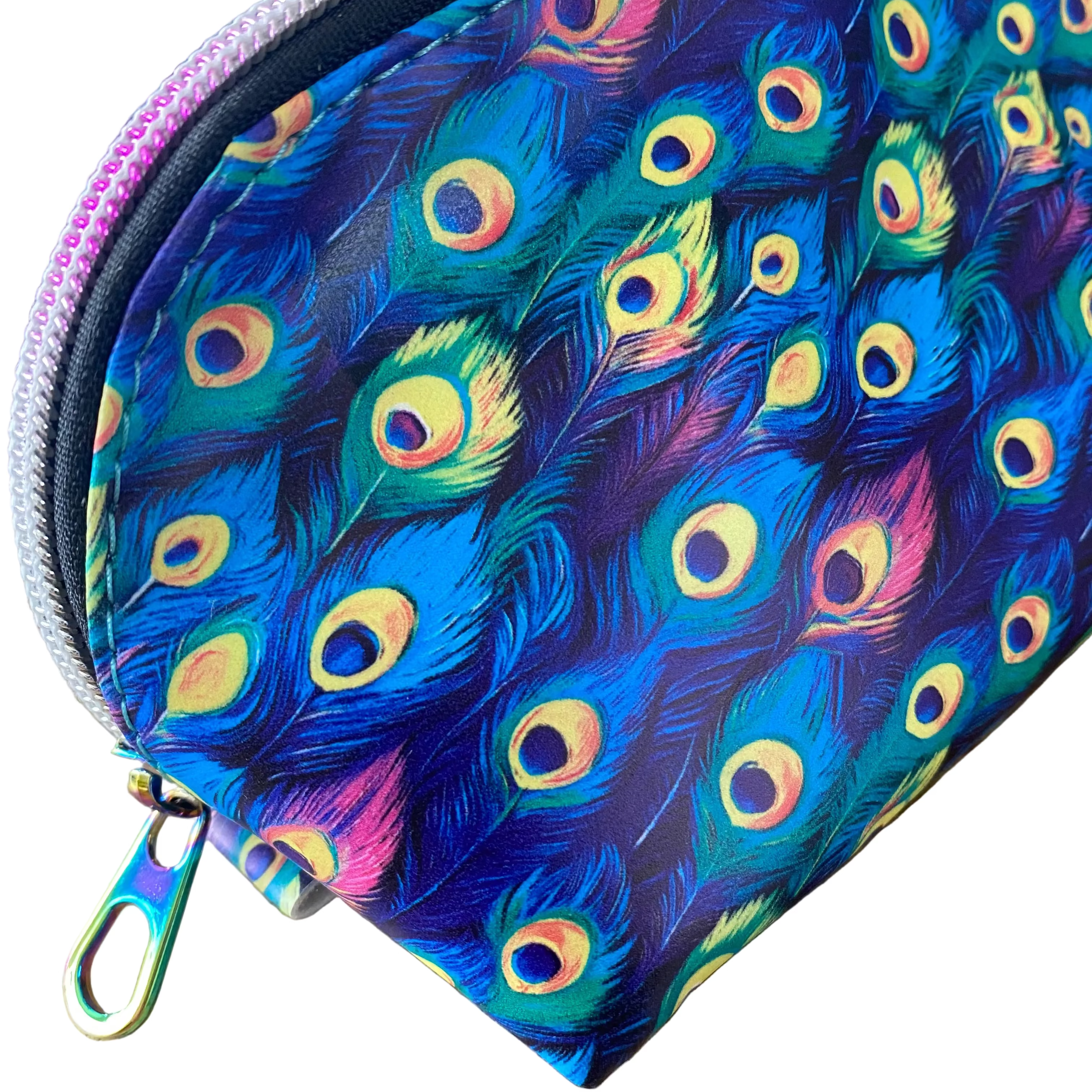 Wide Opening Vinyl Peacock Feather Cosmetic Bags