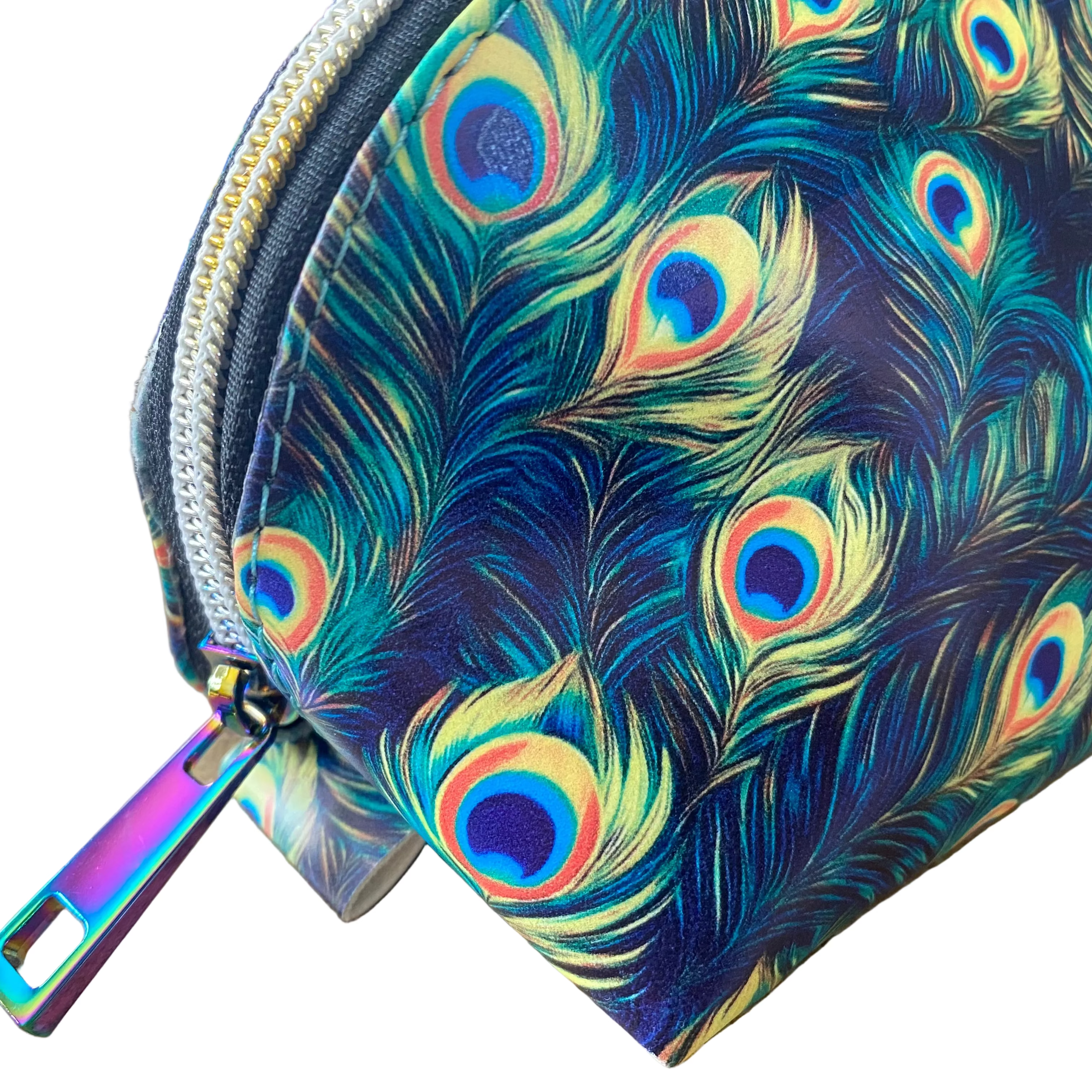 Wide Opening Vinyl Peacock Feather Cosmetic Bags