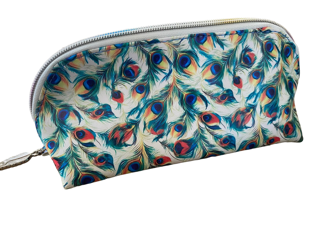 Wide Opening Vinyl Peacock Feather Cosmetic Bags