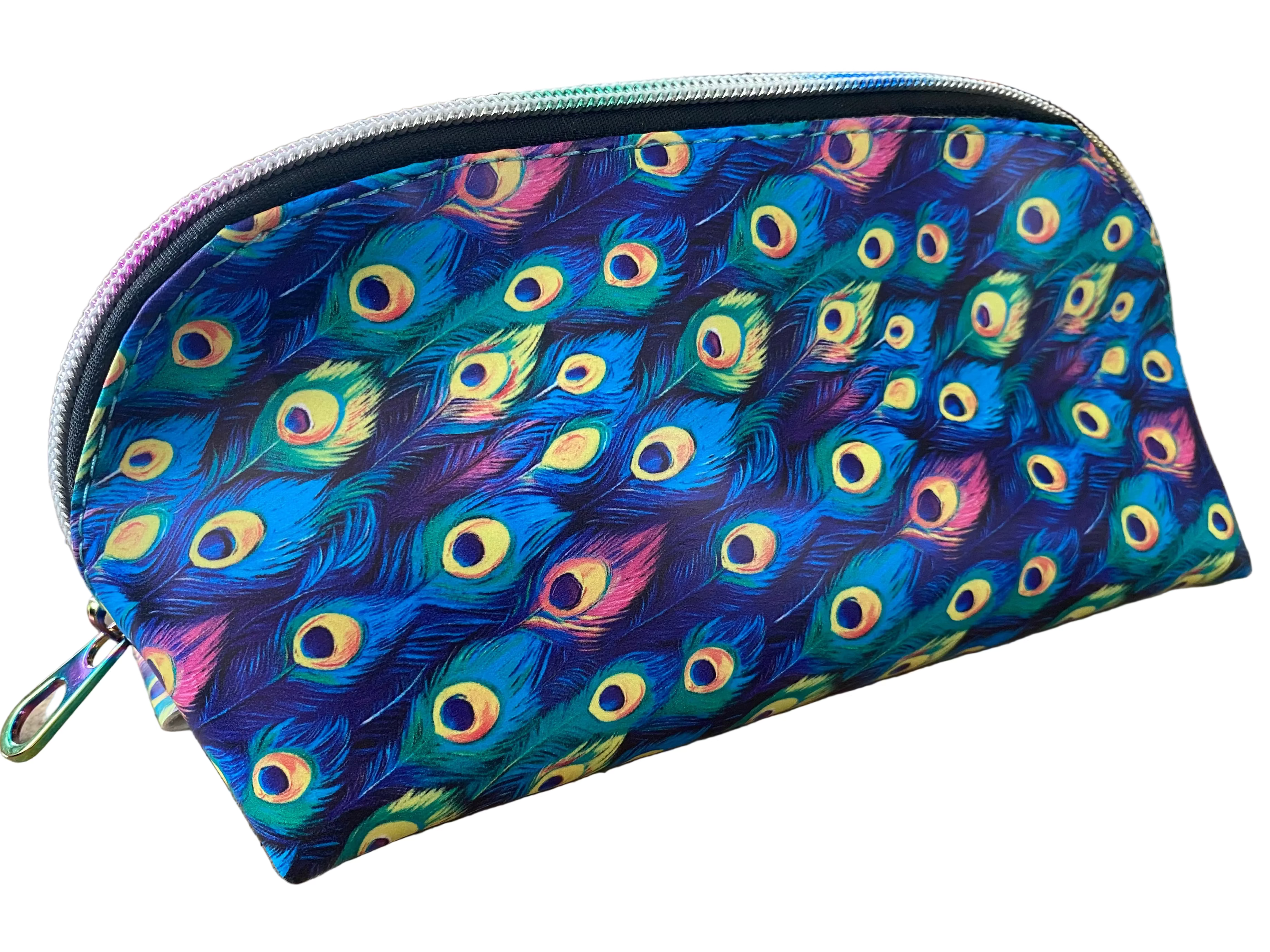 Wide Opening Vinyl Peacock Feather Cosmetic Bags