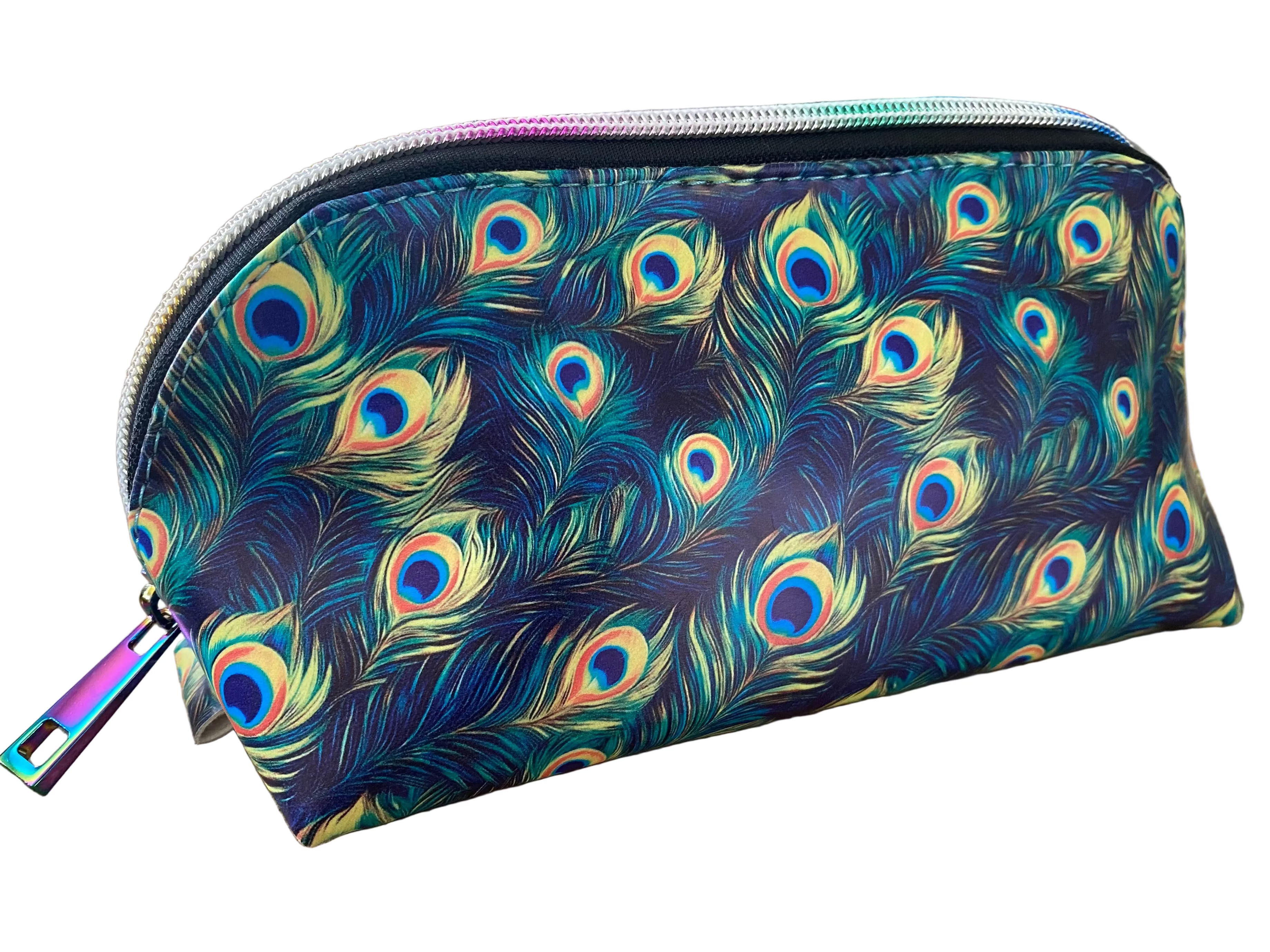 Wide Opening Vinyl Peacock Feather Cosmetic Bags