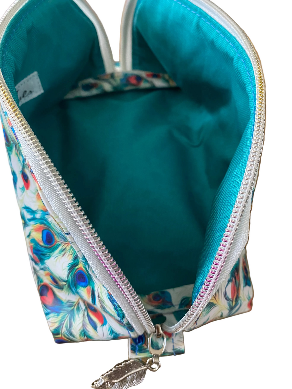 Wide Opening Vinyl Peacock Feather Cosmetic Bags