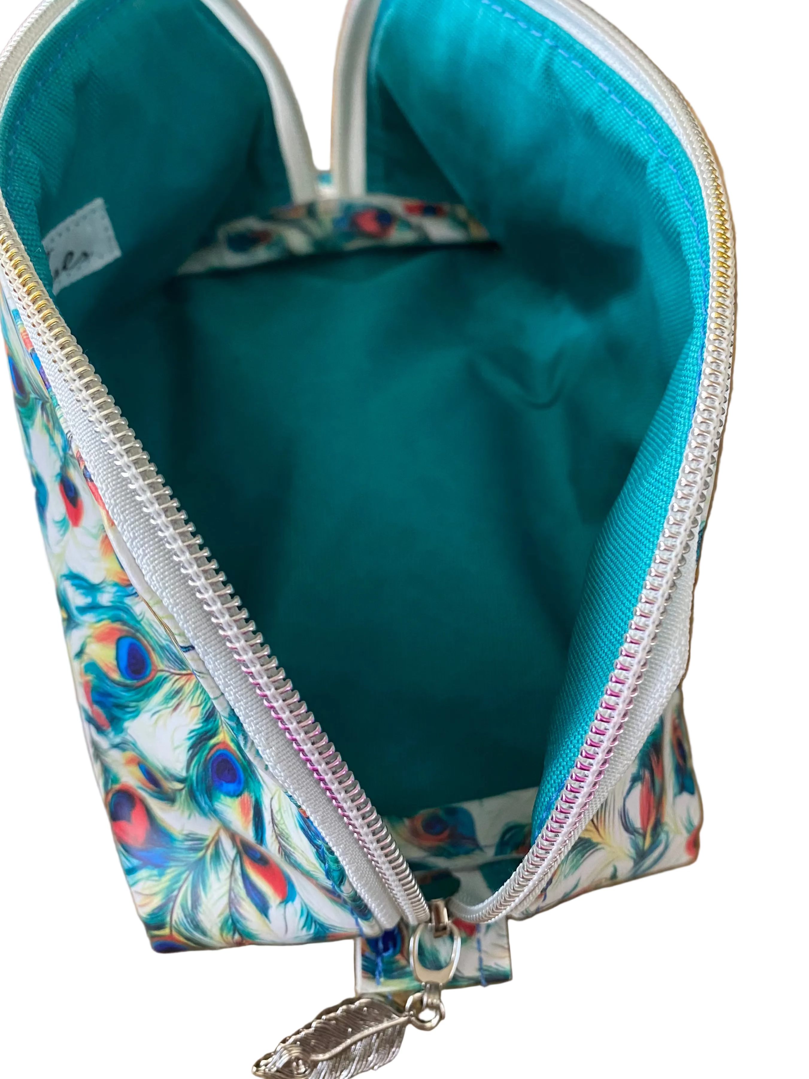 Wide Opening Vinyl Peacock Feather Cosmetic Bags