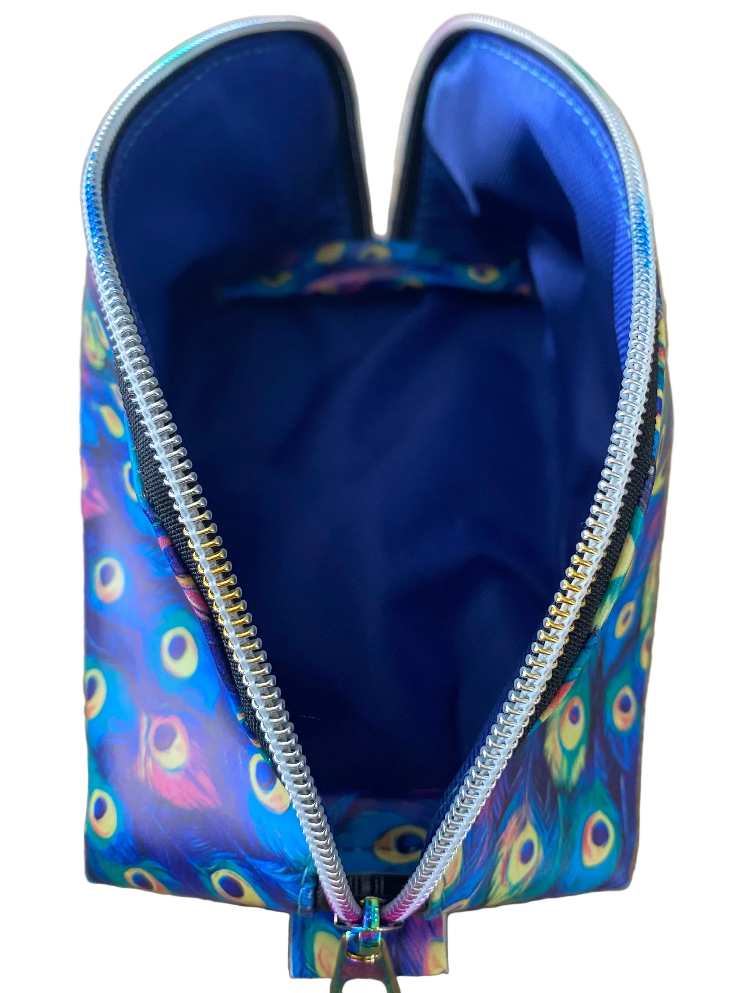 Wide Opening Vinyl Peacock Feather Cosmetic Bags