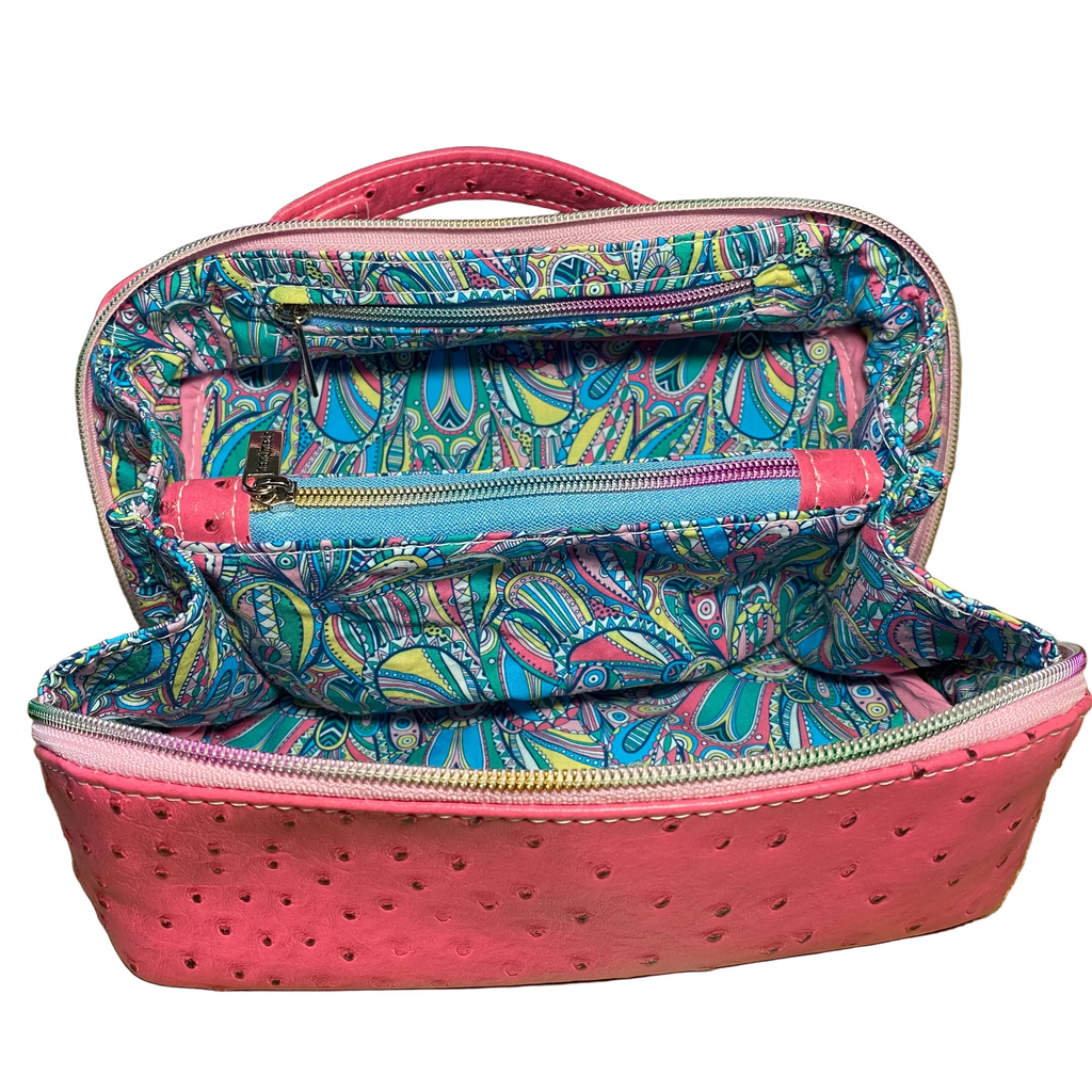 Faux Ostrich Cosmetic/Multi Purpose Dual Zip Handled Case