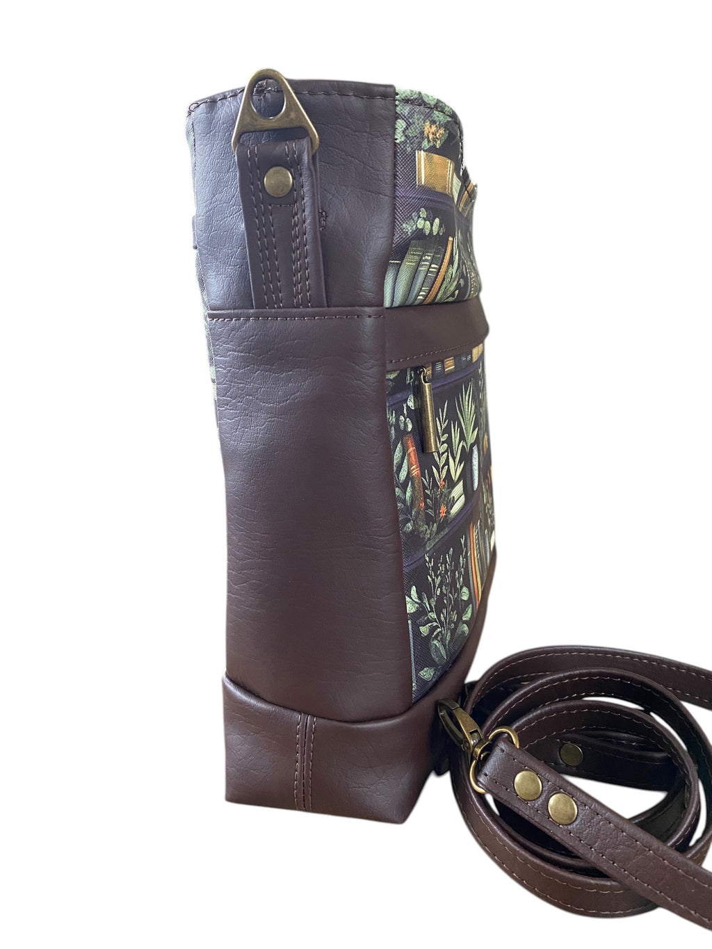 Vinyl Book & Plant Themed Shoulder/Crossbody Bag Multi Pockets 11x13x3.5
