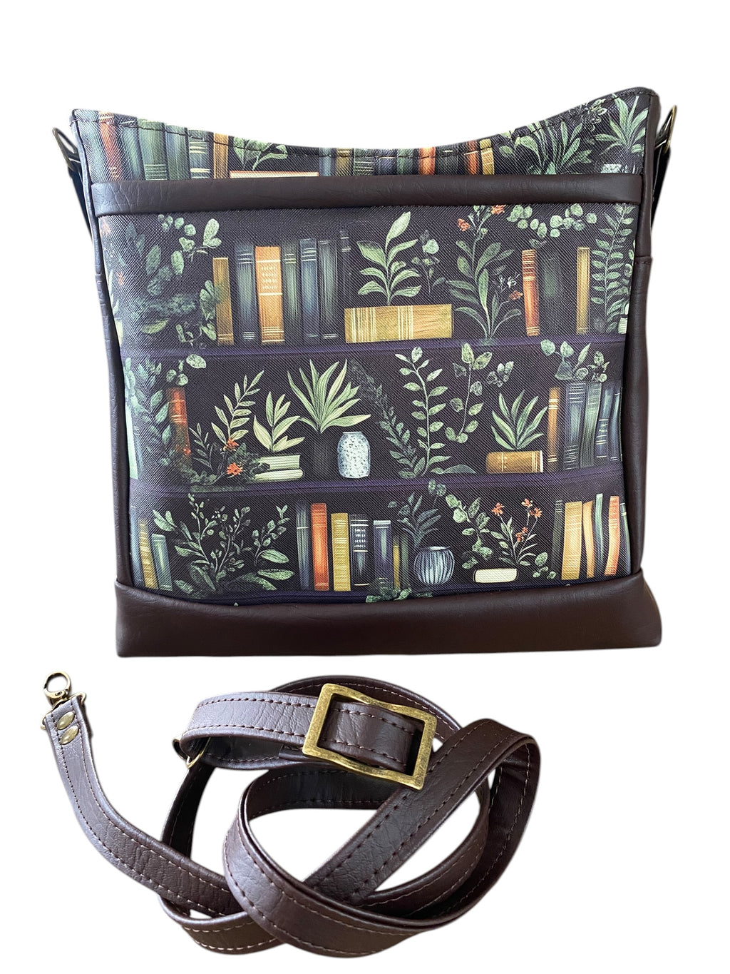 Vinyl Book & Plant Themed Shoulder/Crossbody Bag Multi Pockets 11x13x3.5