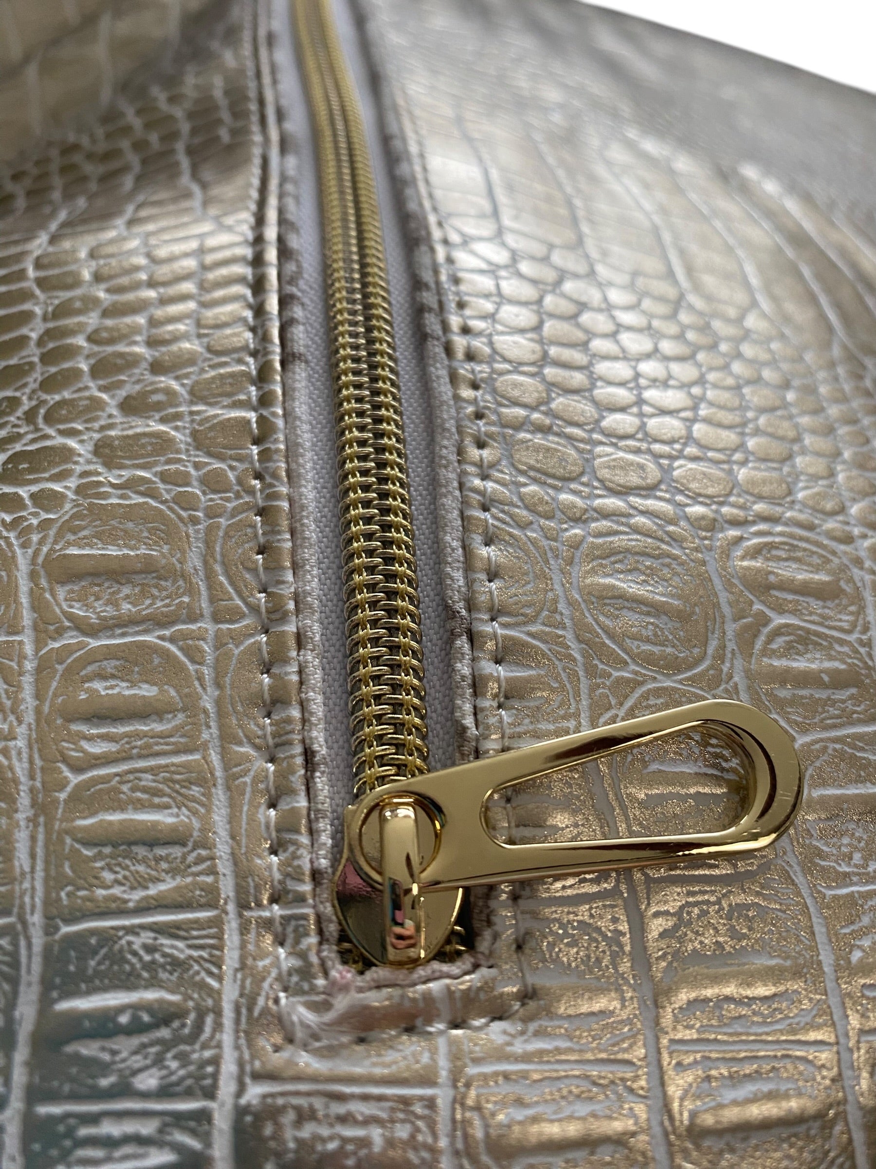 Oversized vinyl Hobo bag, pockets, 24” top zipper 17w x 33h gold & cream