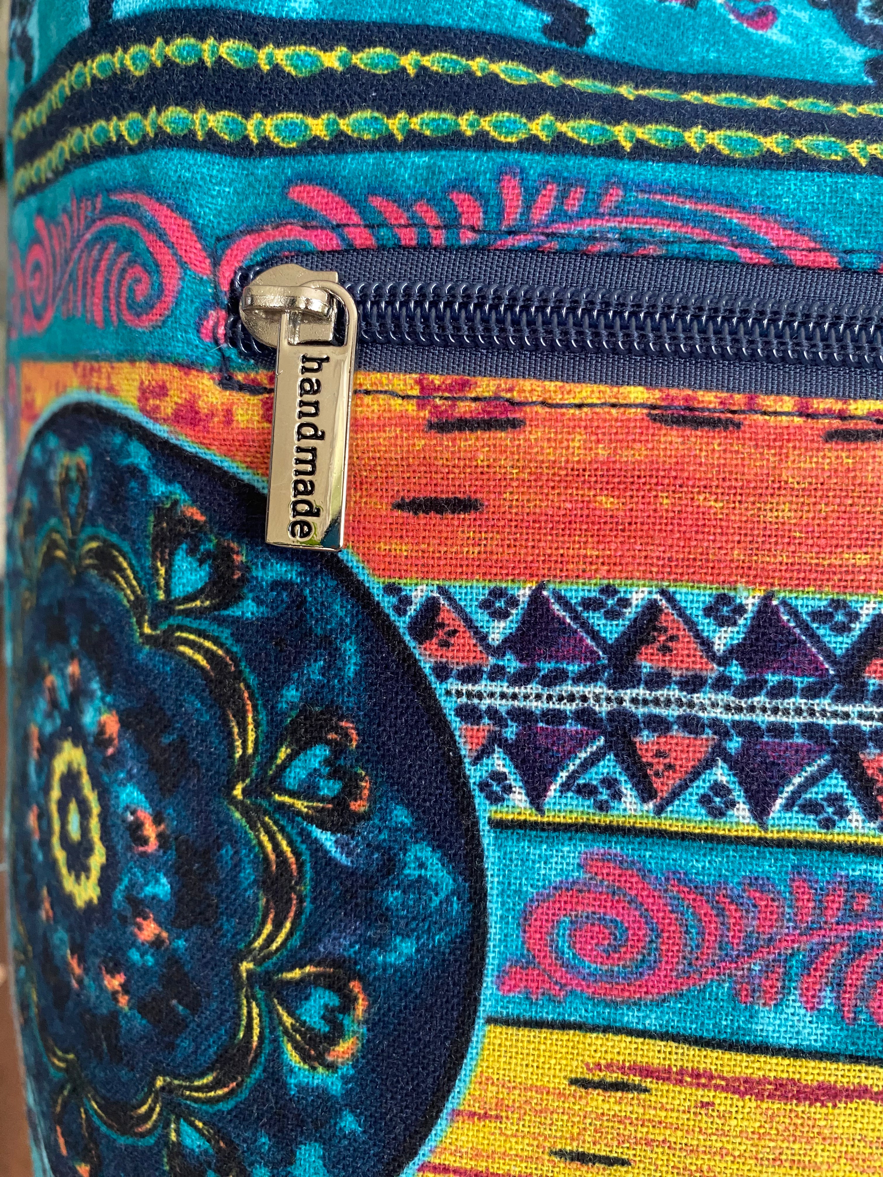 Boho Vivid Cotton Canvas Hobo bag, multiple pockets, top zip, extra long strap,   14 x 33
