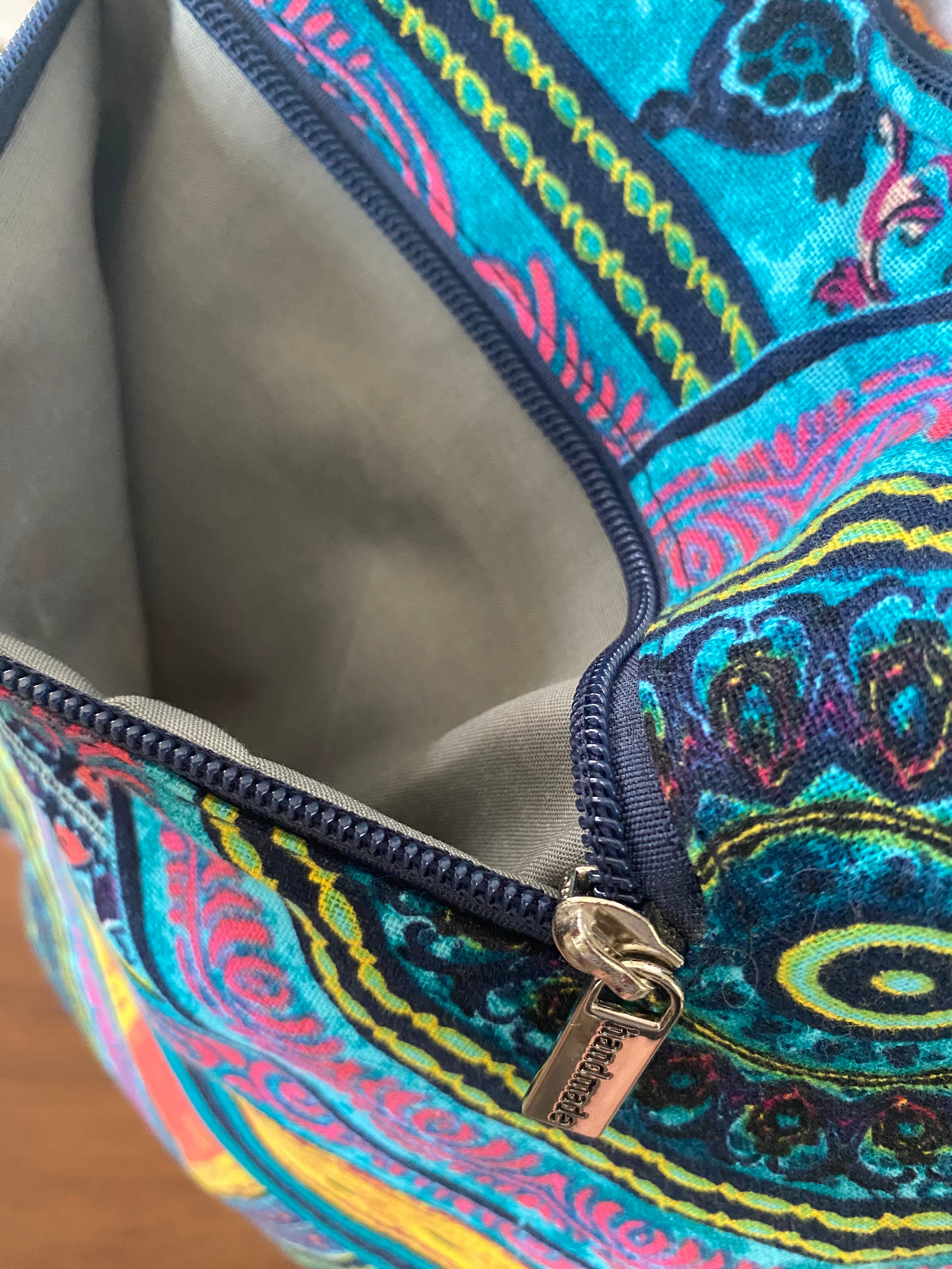 Boho Vivid Cotton Canvas Hobo bag, multiple pockets, top zip, extra long strap,   14 x 33