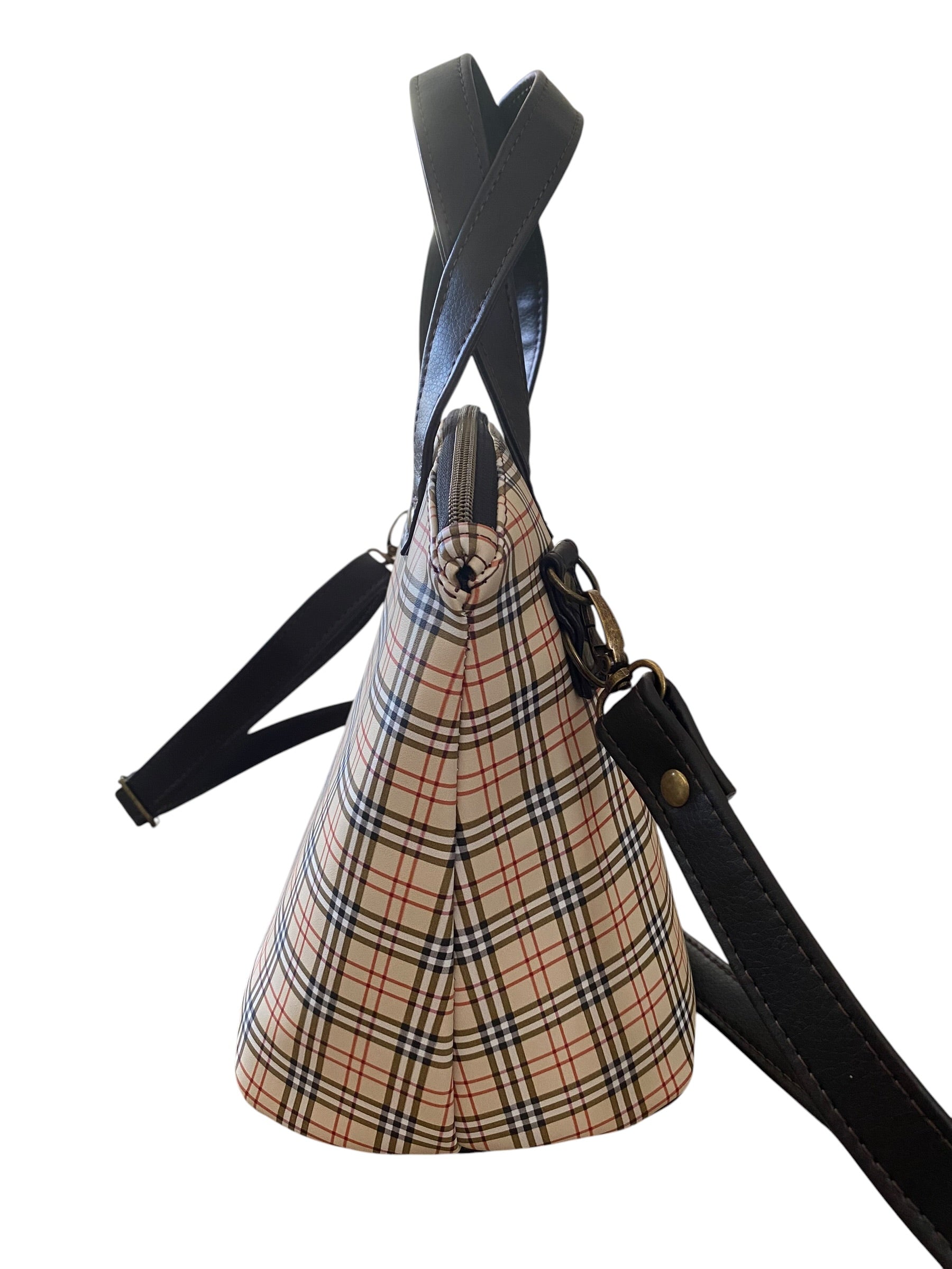 Plaid Camel Domed Bag, Pockets, Handles, Straps 13x8x6