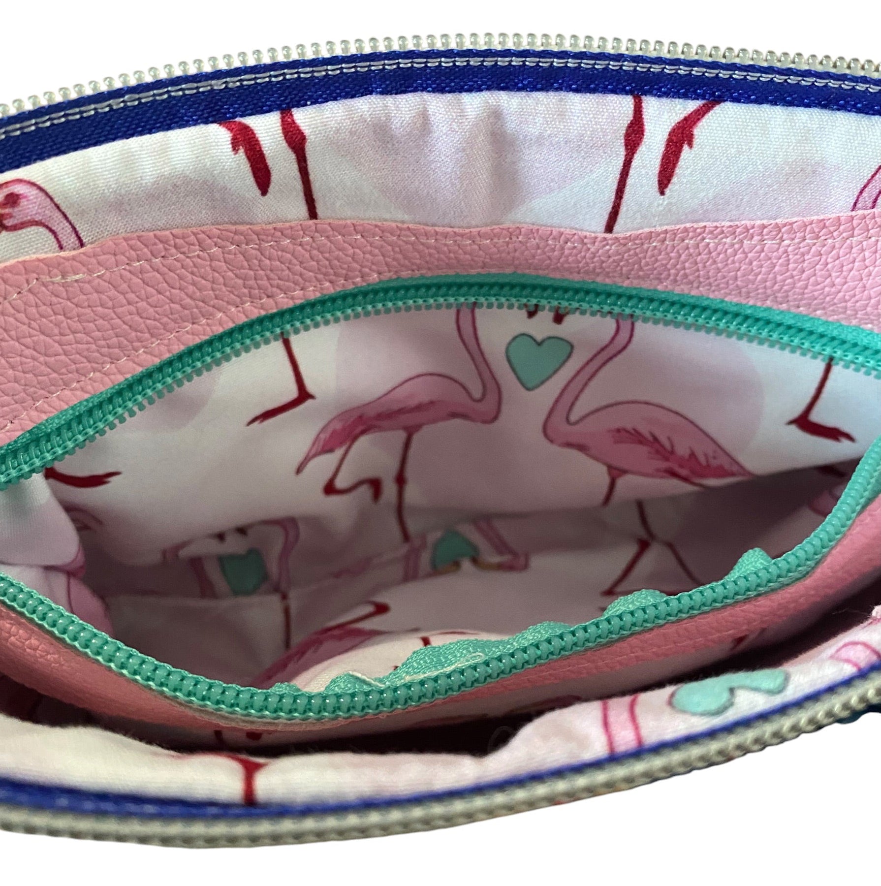 Essentials Small vinyl & Faux Croc Crossbody Bag, Zip Pocket, Flamingos