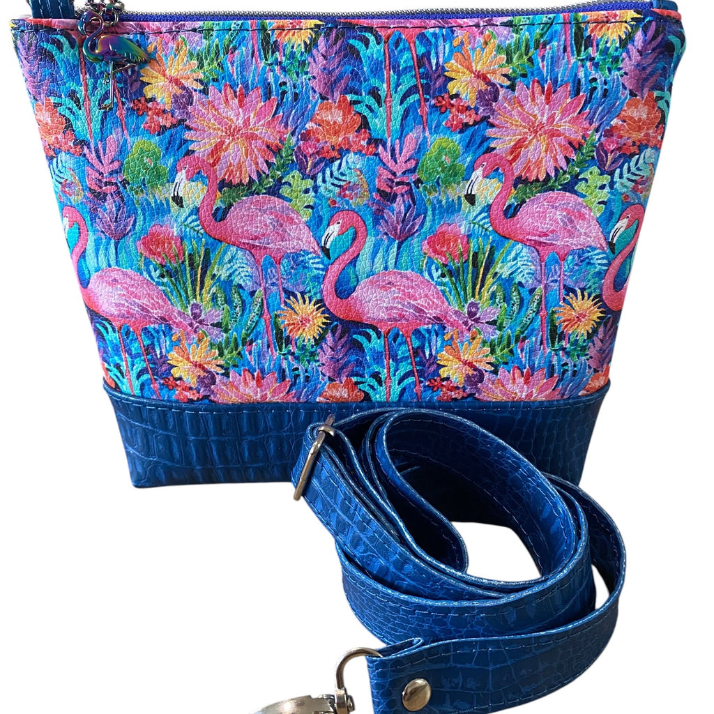 Essentials Small vinyl & Faux Croc Crossbody Bag, Zip Pocket, Flamingos