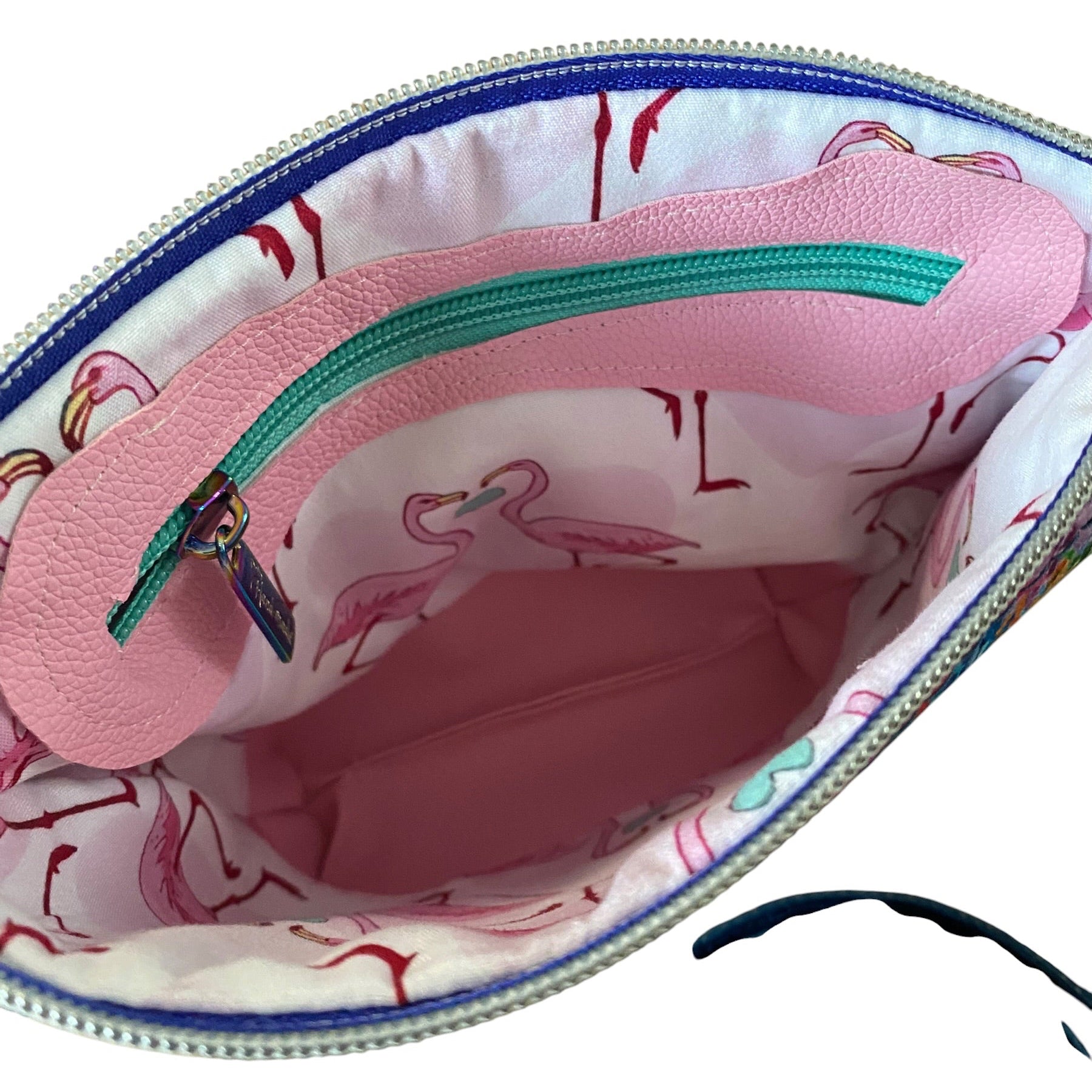 Essentials Small vinyl & Faux Croc Crossbody Bag, Zip Pocket, Flamingos
