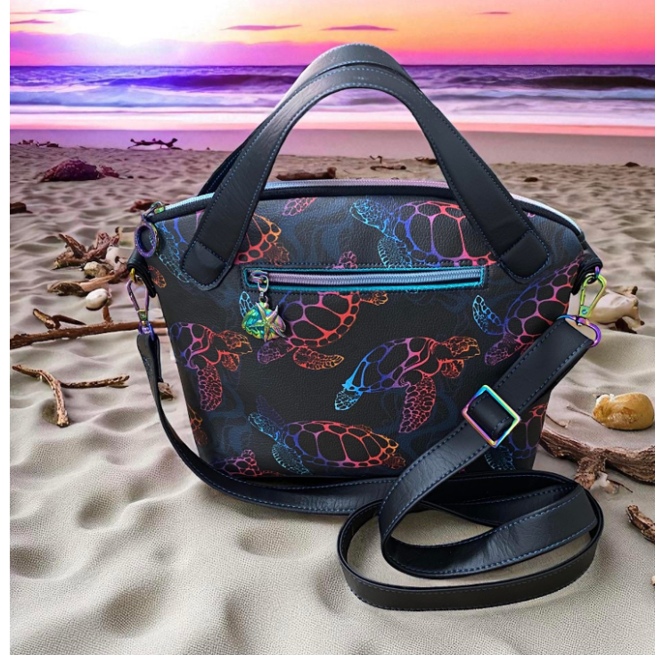 Colorful Sea Turtle Vinyl Print Domed Handbag w/ Crossbody Strap