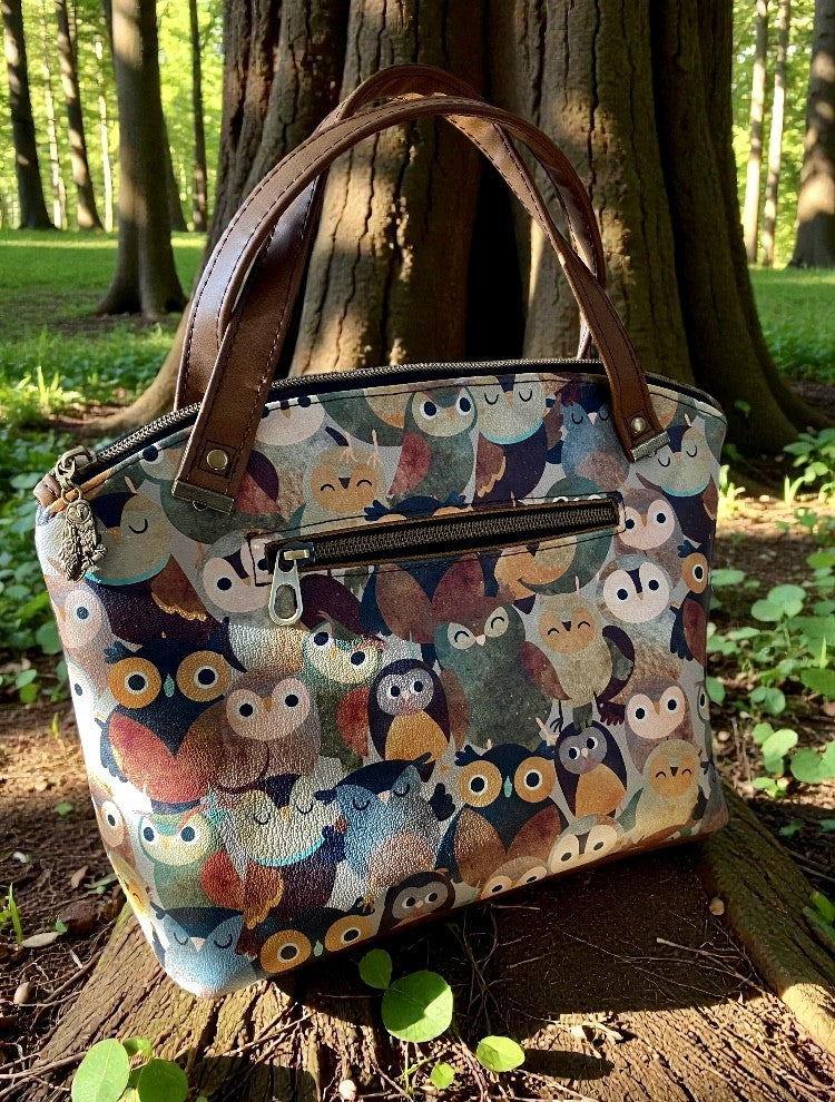 Vegan Leather & Vinyl  Owl Print Domed Handbag w/ Crossbody Strap