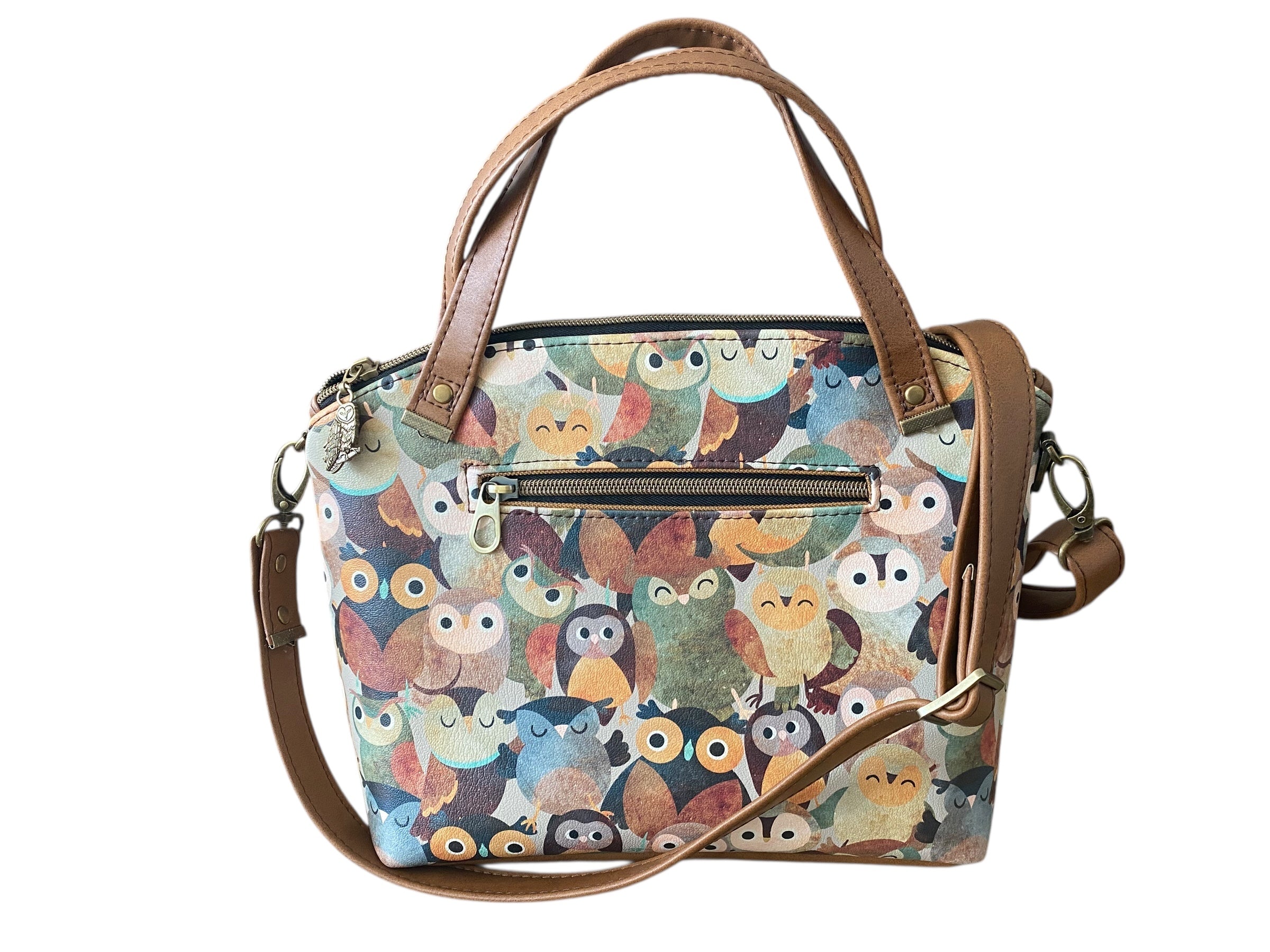 Vegan Leather & Vinyl  Owl Print Domed Handbag w/ Crossbody Strap
