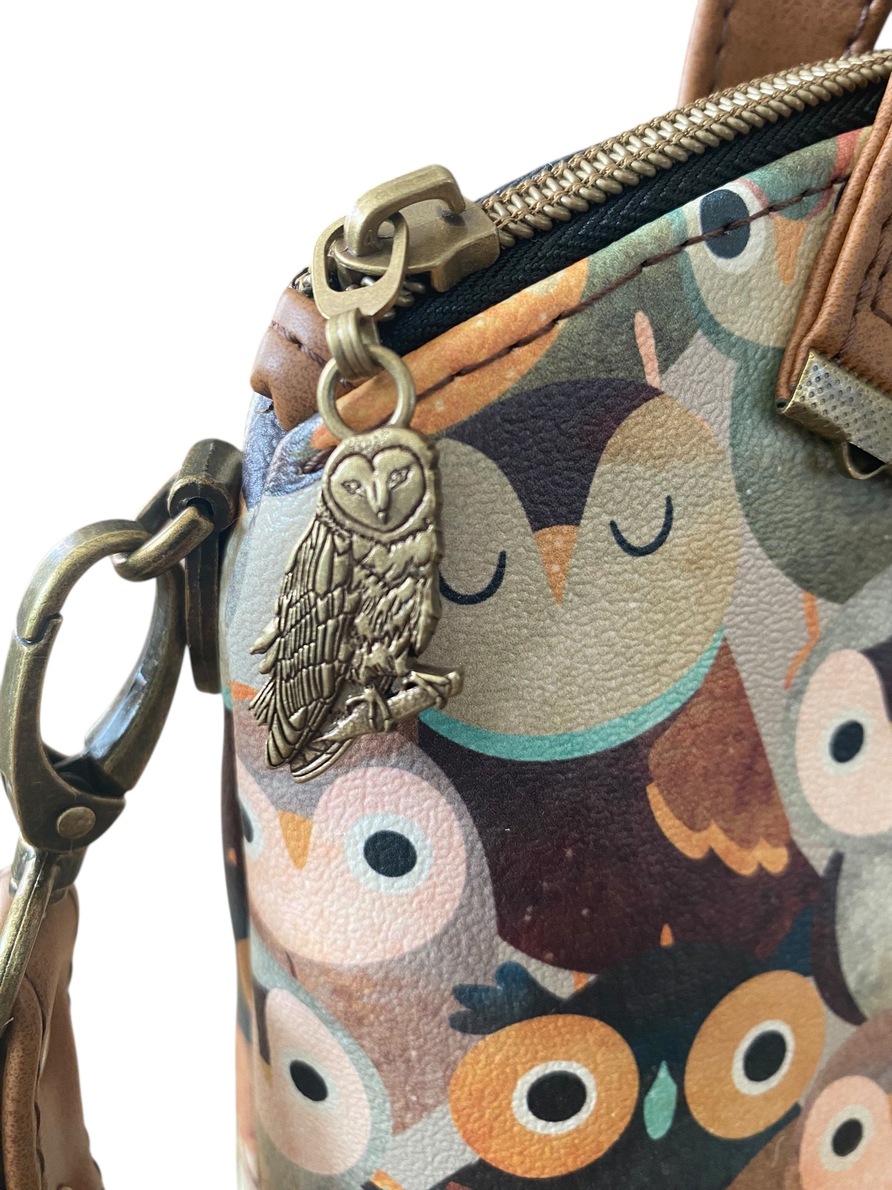 Vegan Leather & Vinyl  Owl Print Domed Handbag w/ Crossbody Strap